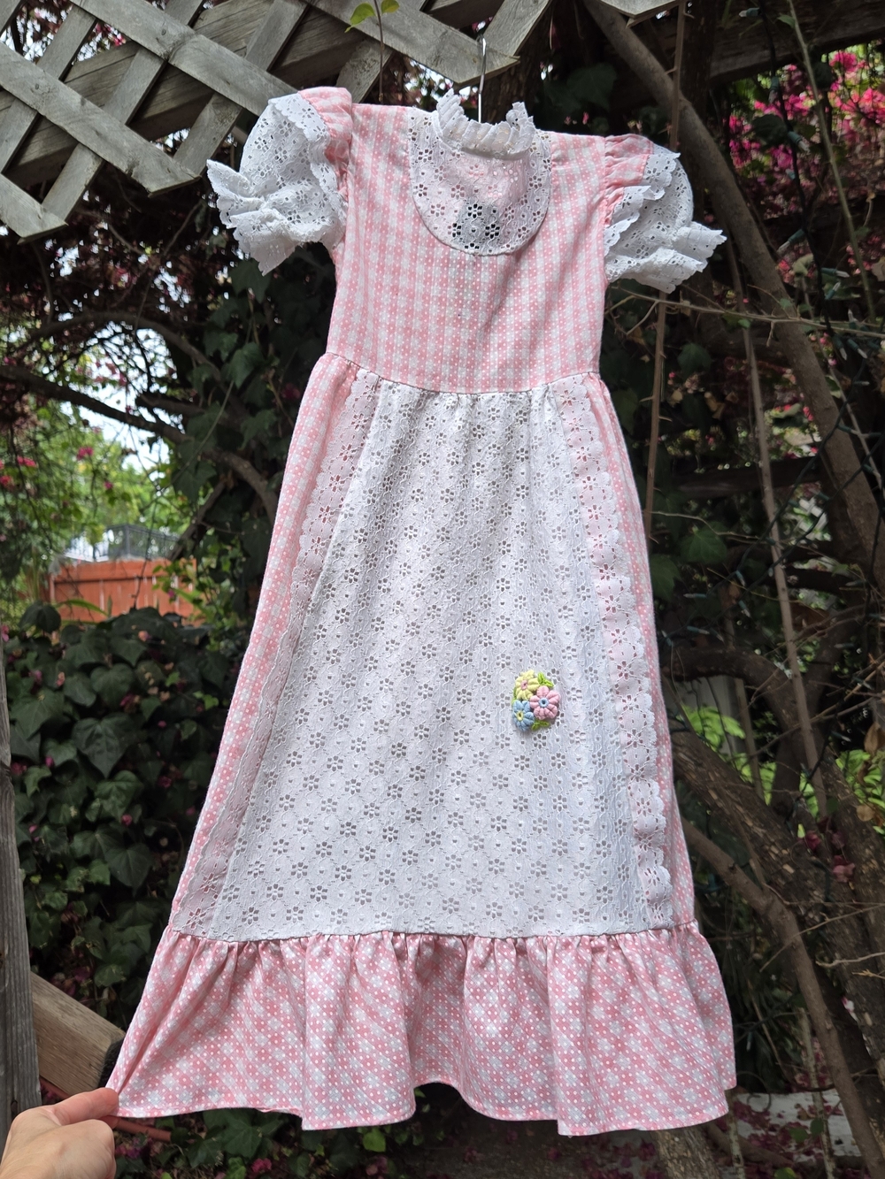 Vintage 70s Girls Pink Gingham Eyelet Prairie Dress with White Lace Bib Kids 4T